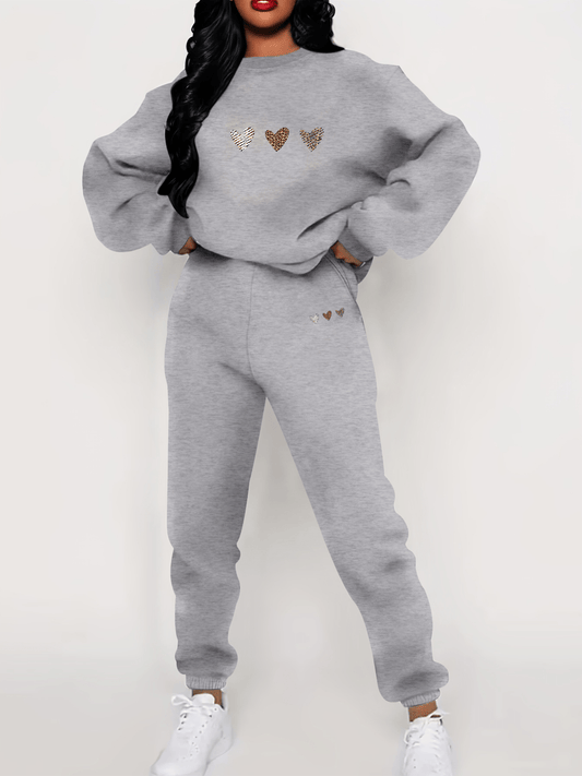 Heidi-Mode Katoenen Sweater & Sweatbroek Tracksuit Set met Hartprint - Ideaal voor Herfst/Winter