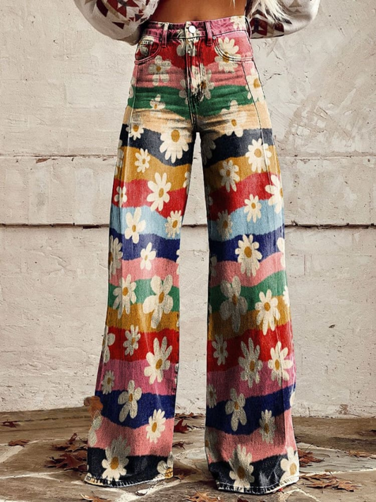 Reverie | Retro Bloemen Broek Met Wijde Pijpen