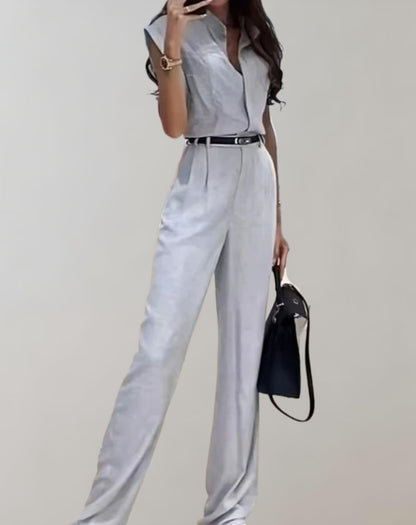 Cordilla - jumpsuit met knoopsluiting, top met korte mouwen en broek met wijde pijpen