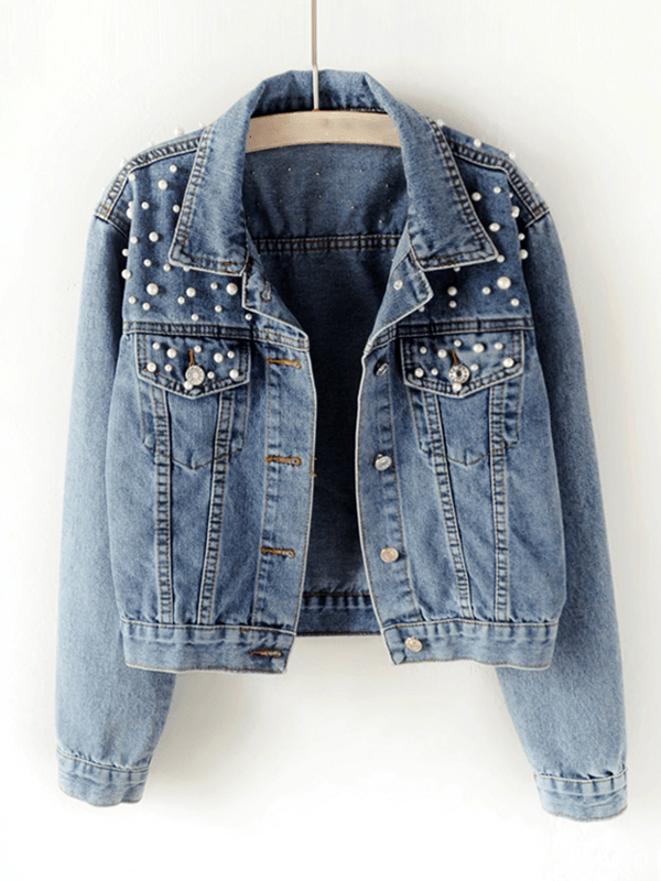 Denim jack, zakken met knopen, strass-kraal, reverskraag, lange mouwen, damesmode, casual, oversized, vrijetijdskleding