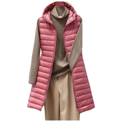 Elegant donzen gilet met capuchon en lange pasvorm voor dames