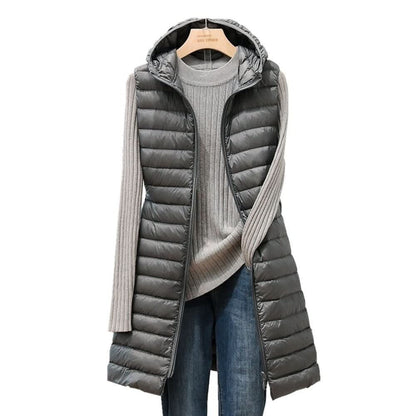 Elegant donzen gilet met capuchon en lange pasvorm voor dames