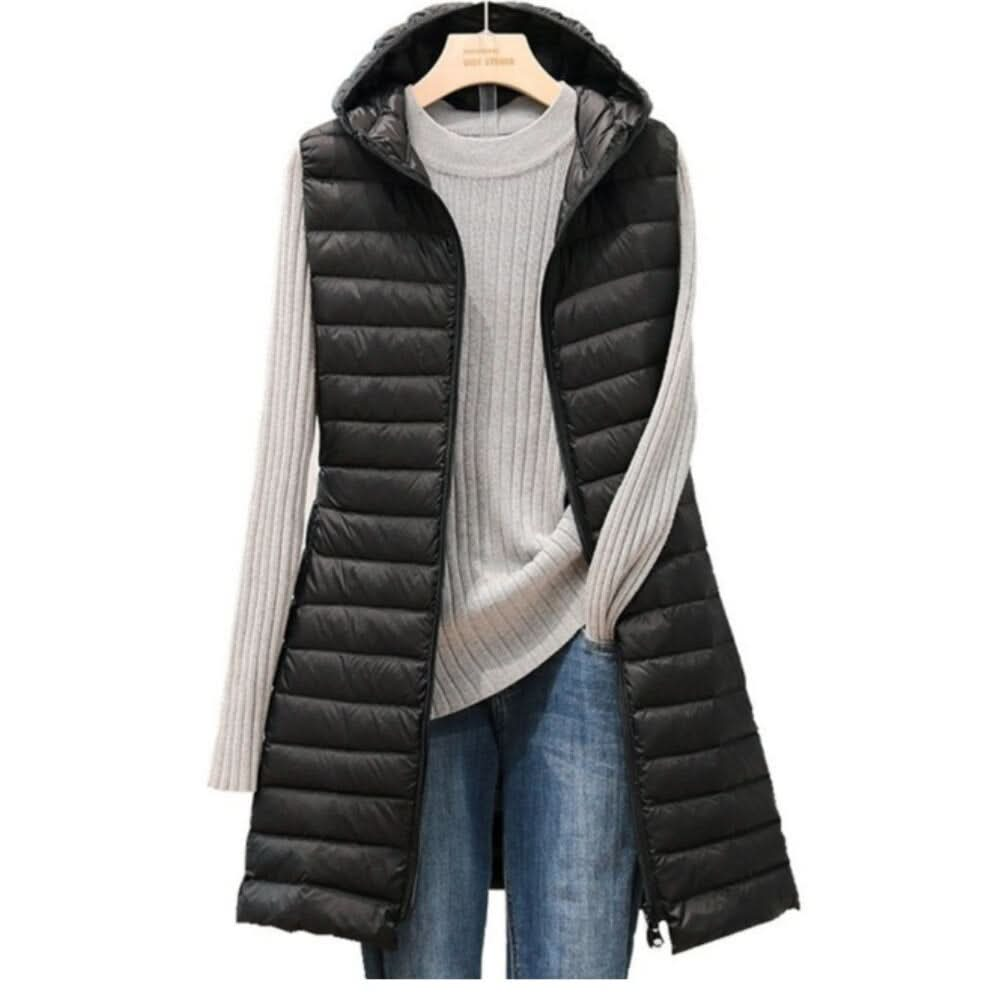 Elegant donzen gilet met capuchon en lange pasvorm voor dames