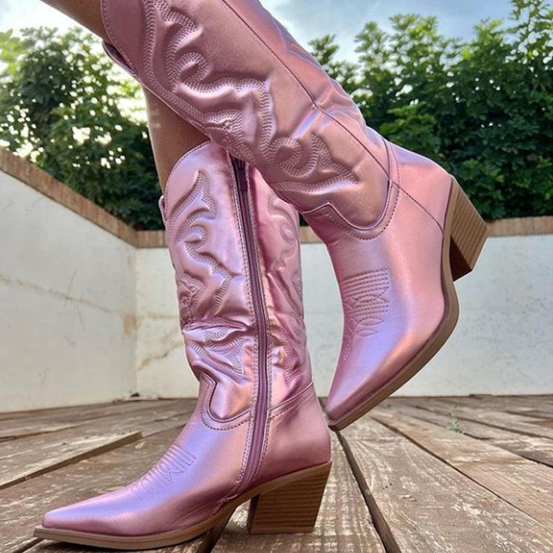 Irmina Boots | Pink Metallic Mid-High Cowboy Boots