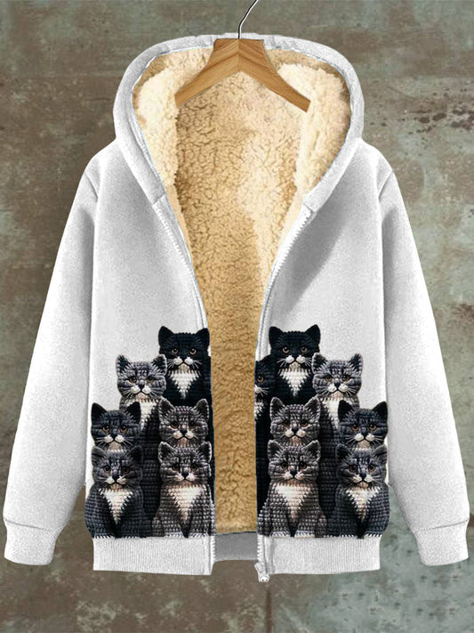 Shanna Mode Kat Patroon Hooded Zak Fleece Sweatshirt Jas Voor Vrouwen